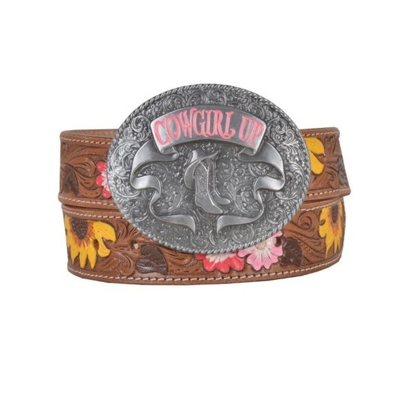 Myra Bag Accessories - Cowgirl Up Rodeo Belt Buckle Floral Spring Hand-tooled Leather pink Myra Gift